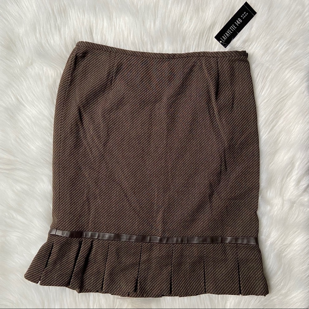 Lafayette 148 Pleated Brown Wool & Leather Skirt